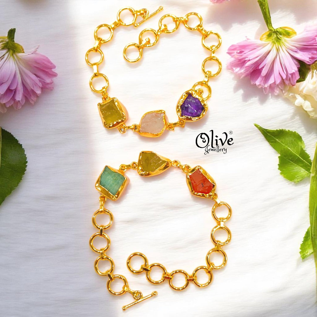 Natural Stone Bracelet -  Collet Fitting - Triple Stones - Multi Stones - Mixed - 12