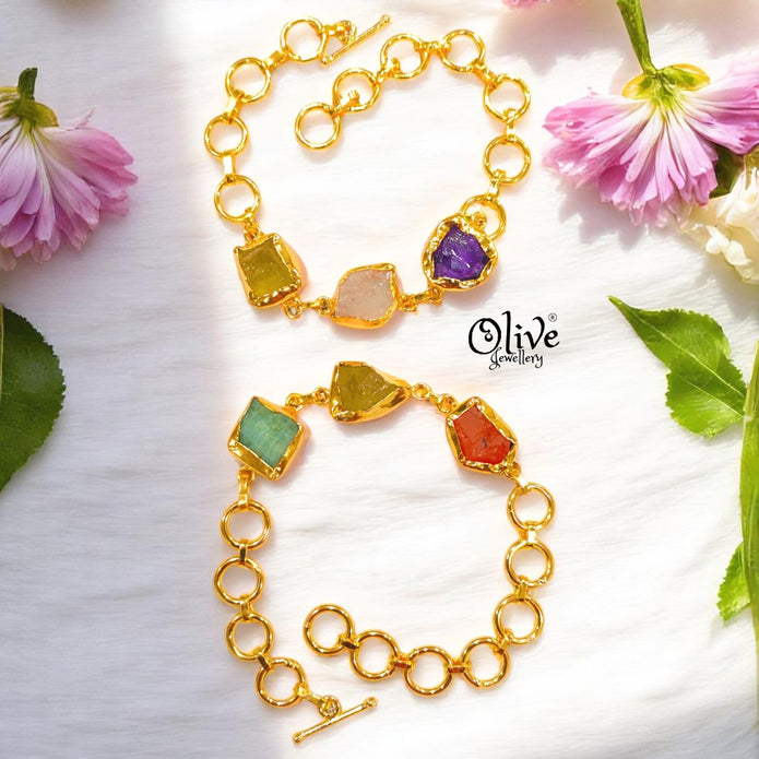 Natural Stone Bracelet -  Collet Fitting - Triple Stones - Multi Stones - Mixed - 12