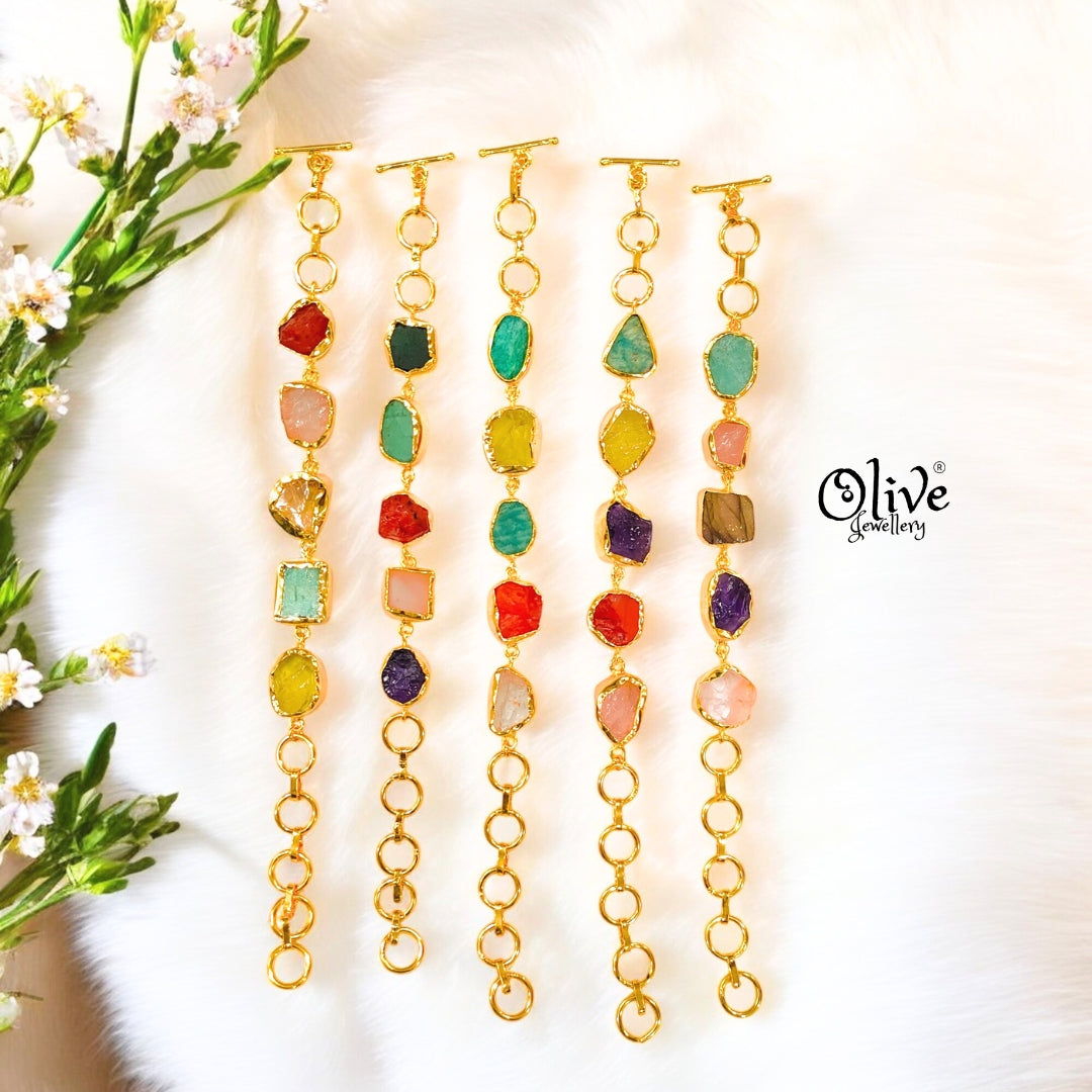 Natural Stone Bracelet -  Collet Fitting - Five Stones - Multi Stones - Mixed - 15