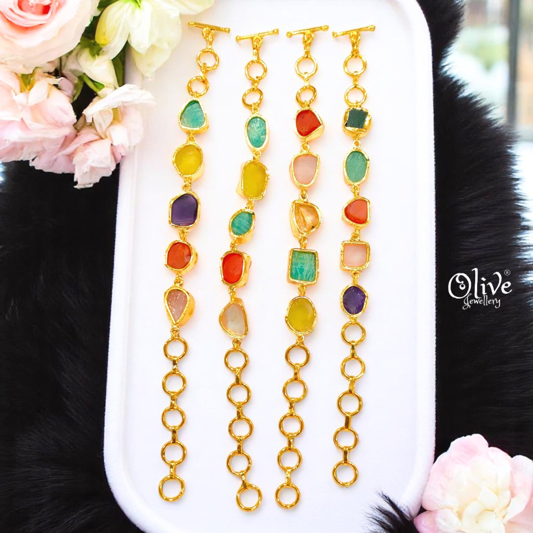 Natural Stone Bracelet -  Collet Fitting - Five Stones - Multi Stones - Mixed - 15