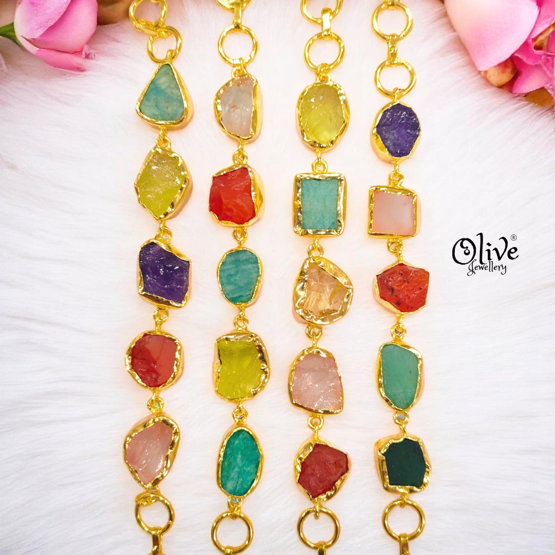 Natural Stone Bracelet -  Collet Fitting - Five Stones - Multi Stones - Mixed - 15