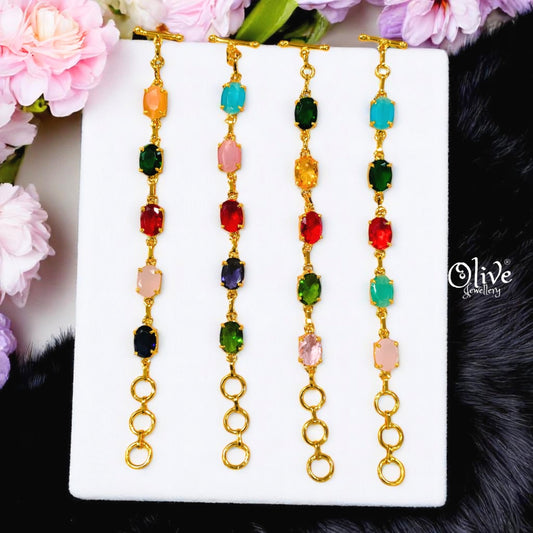 Golden Brass Chain Bracelets - Glass Stones - Claw Fitting - Five Stones - Multi Stones - Mixed - 20
