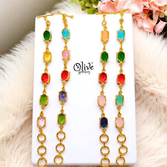 Golden Brass Chain Bracelets - Glass Stones - Claw Fitting - Five Stones - Multi Stones - Mixed - 20