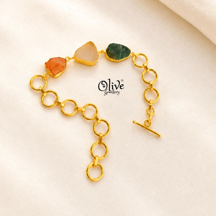 Natural Stone Bracelet -Triple Stones- Collet Fitting -  53