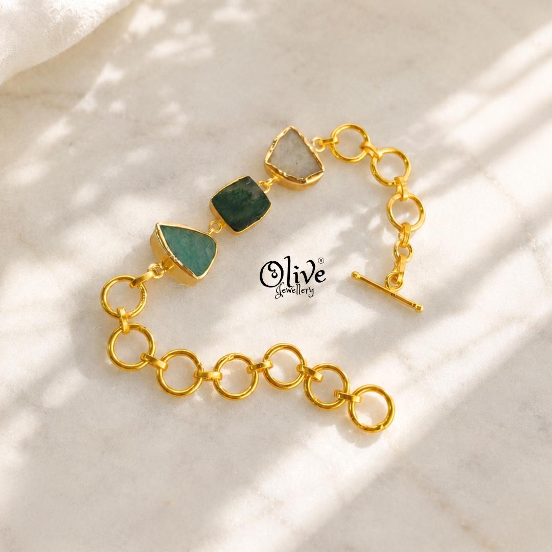 Natural Stone Bracelet -Triple Stones- Collet Fitting -  53