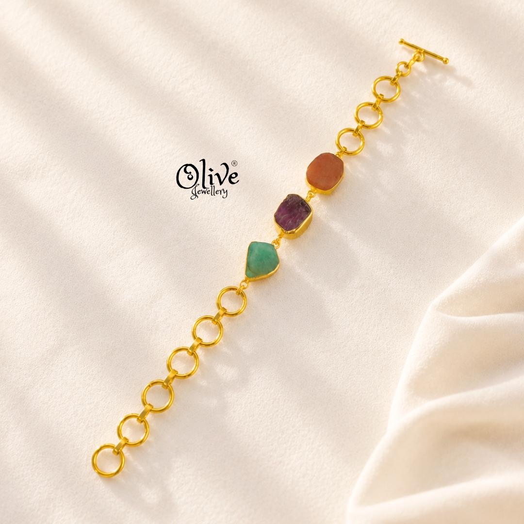 Natural Stone Bracelet -Triple Stones- Collet Fitting -  53