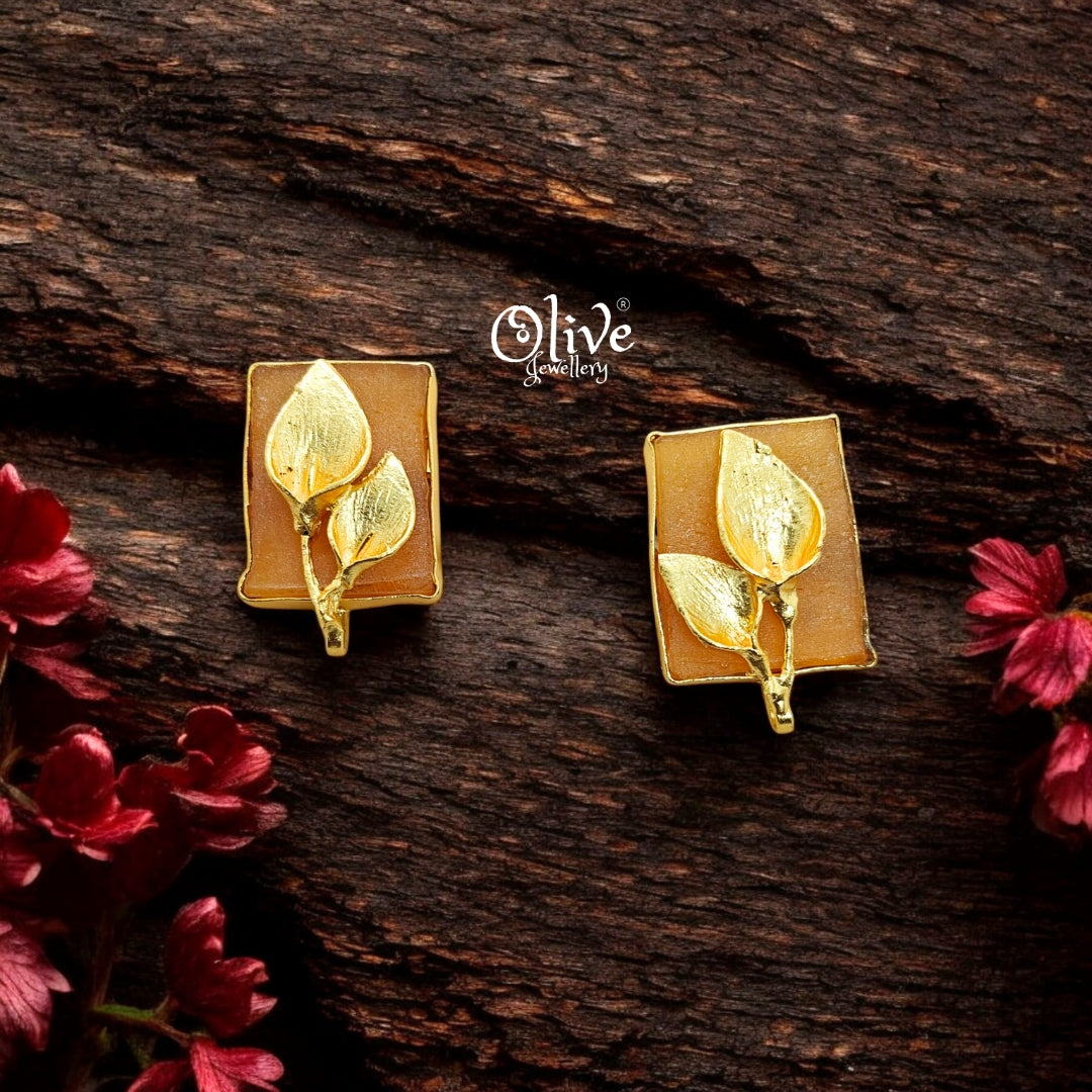 Golden Brass Earrings - 253 - Rough Stone