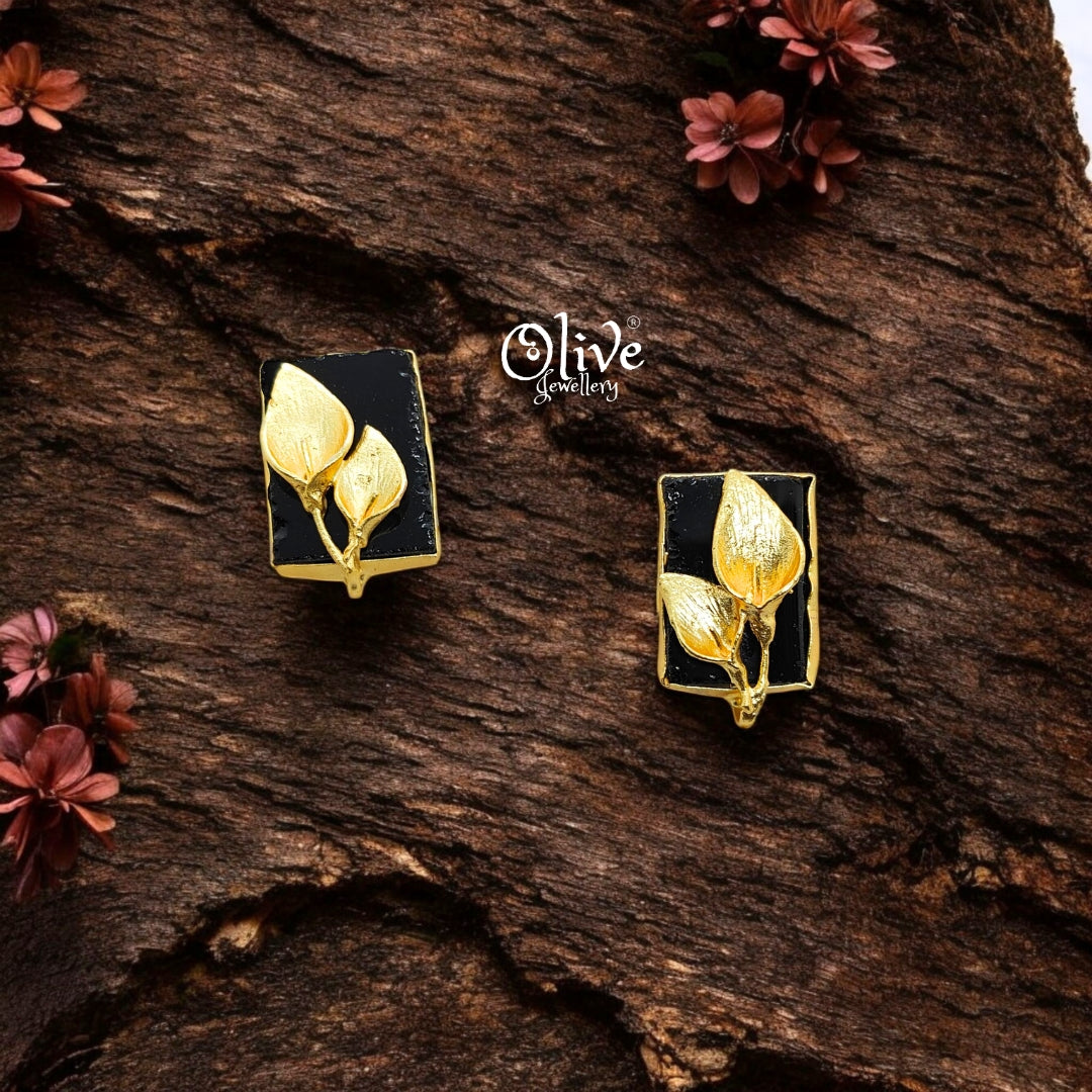Golden Brass Earrings - 253 - Rough Stone