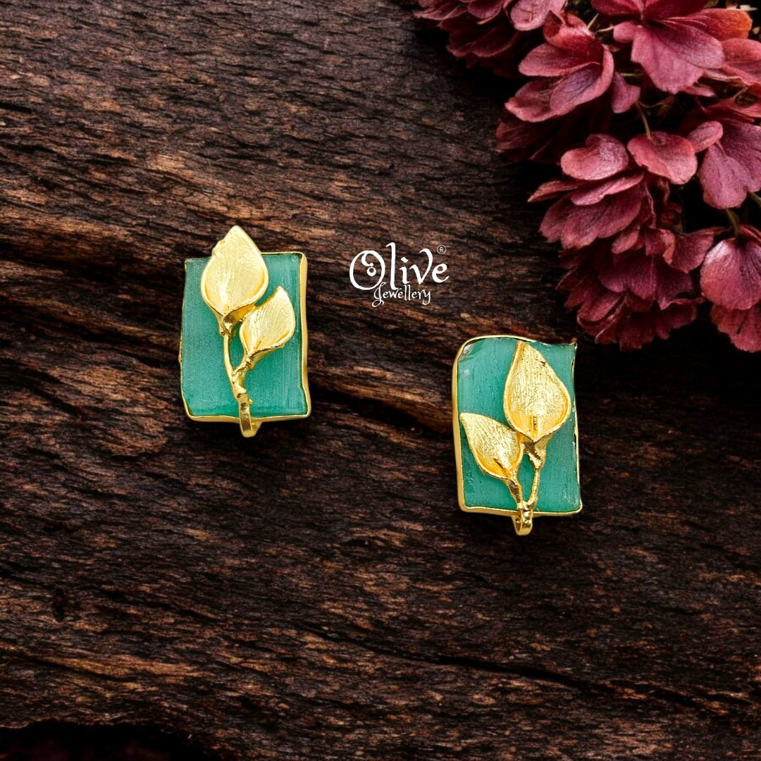 Golden Brass Earrings - 253 - Rough Stone