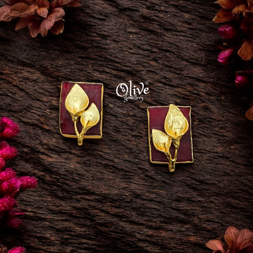 Golden Brass Earrings - 253 - Rough Stone
