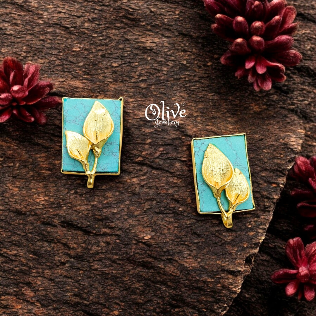 Golden Brass Earrings - 253 - Rough Stone