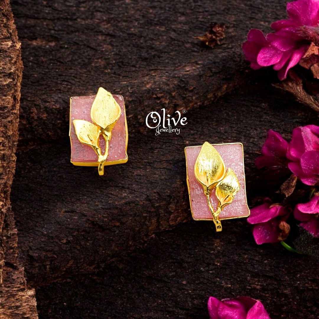 Golden Brass Earrings - 253 - Rough Stone