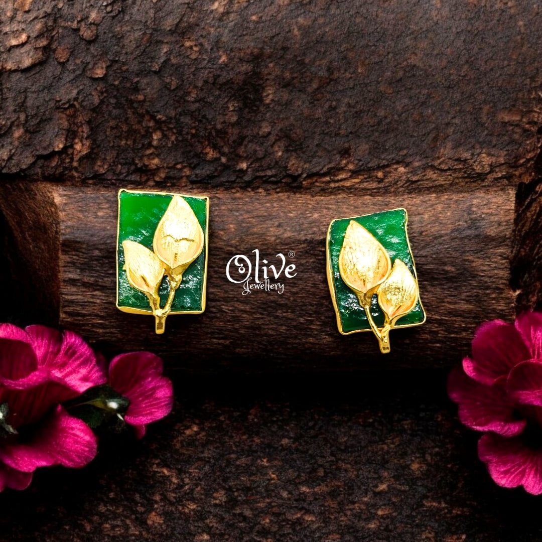 Golden Brass Earrings - 253 - Rough Stone