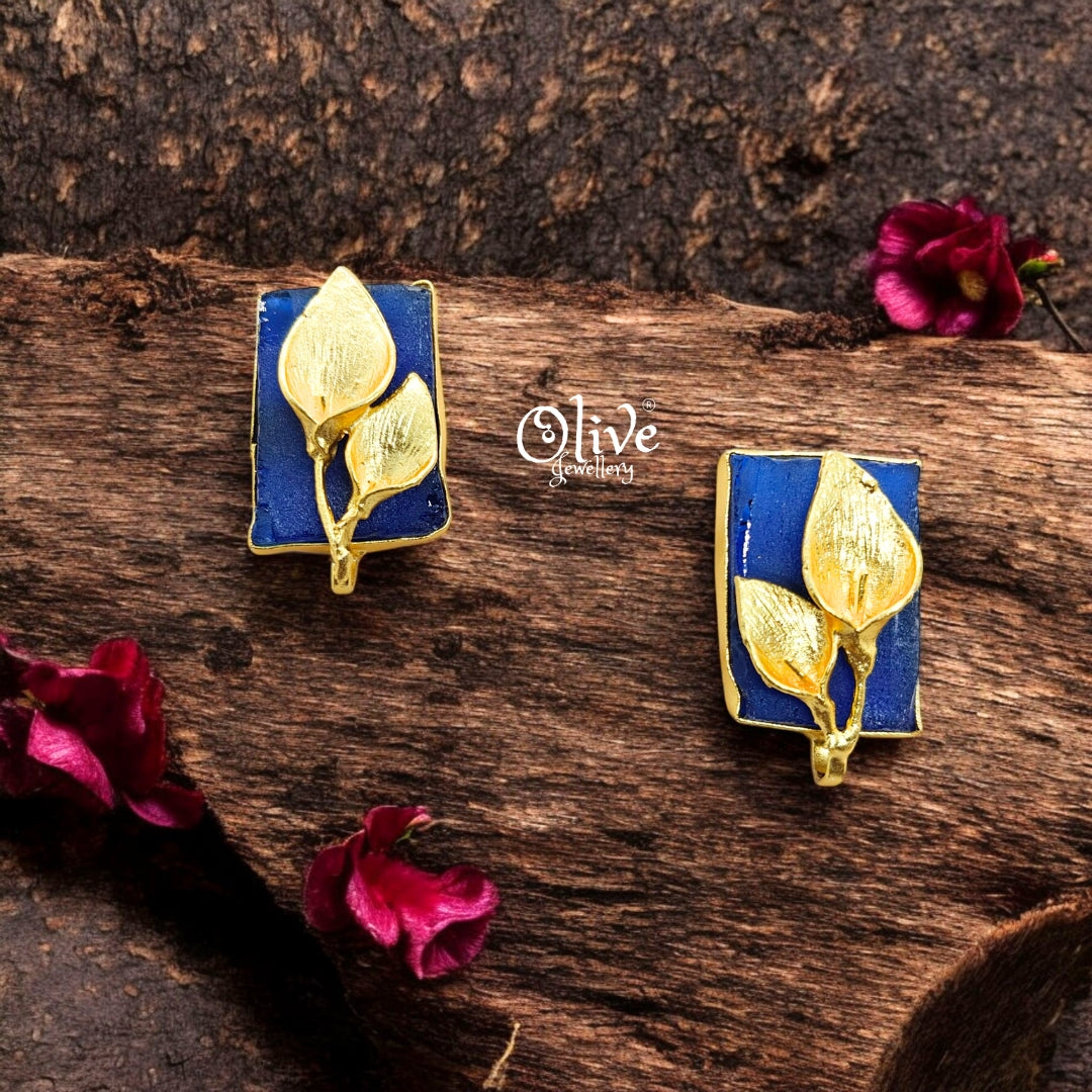 Golden Brass Earrings - 253 - Rough Stone