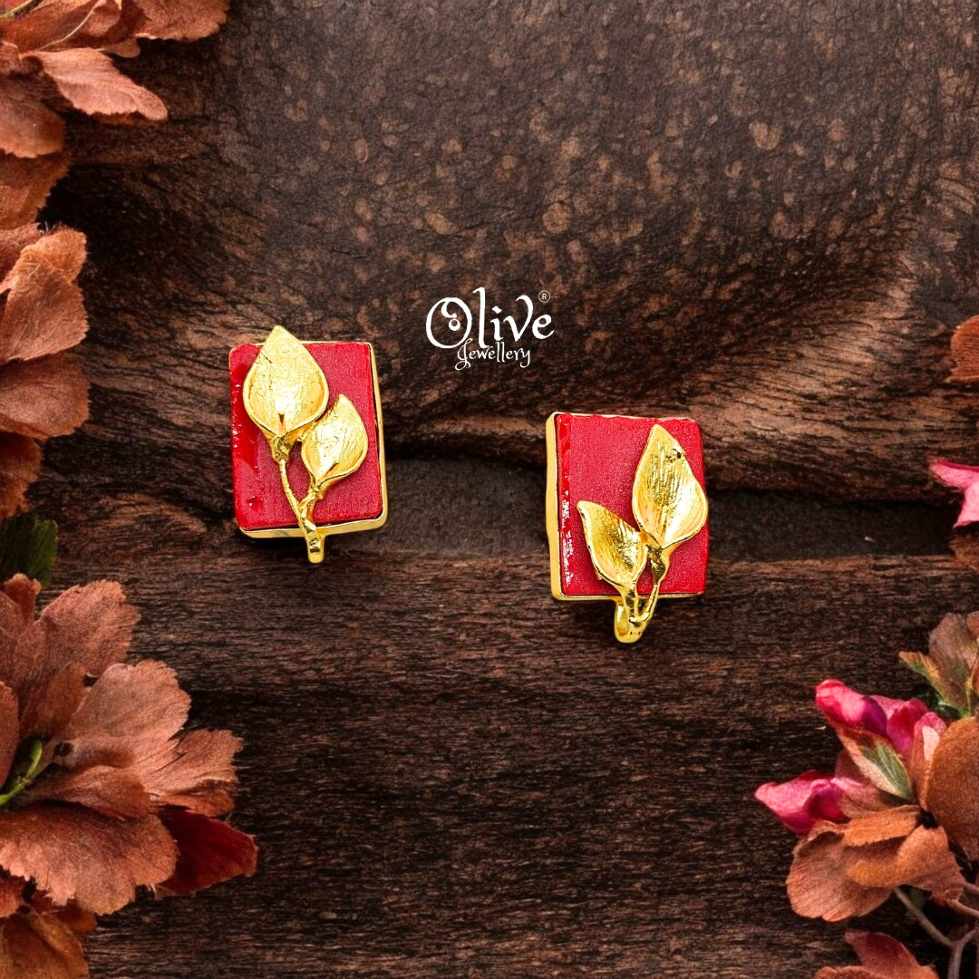 Golden Brass Earrings - 253 - Rough Stone