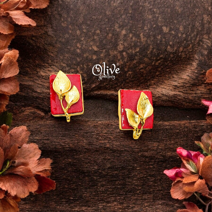 Golden Brass Earrings - 253 - Rough Stone