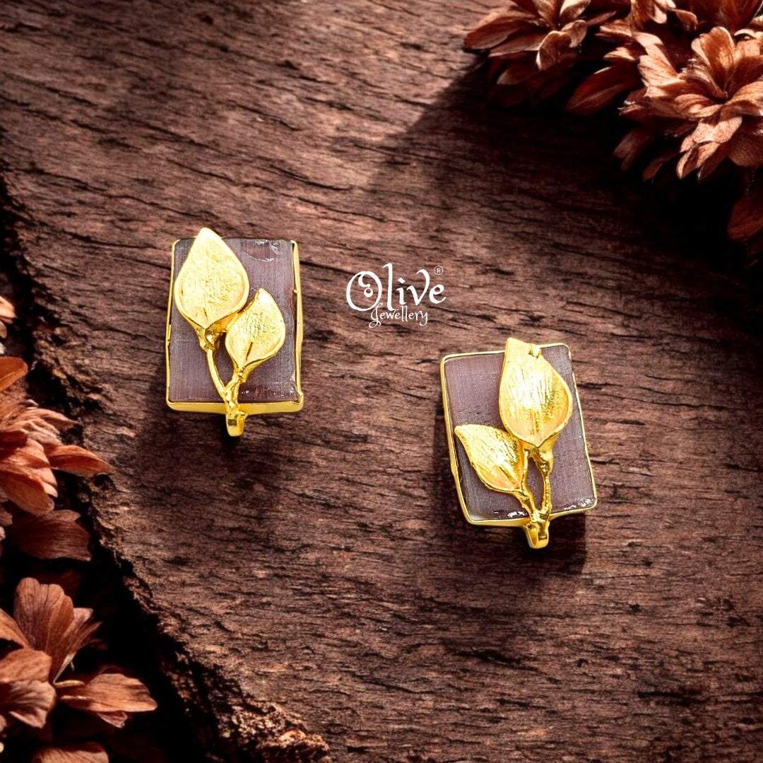 Golden Brass Earrings - 253 - Rough Stone