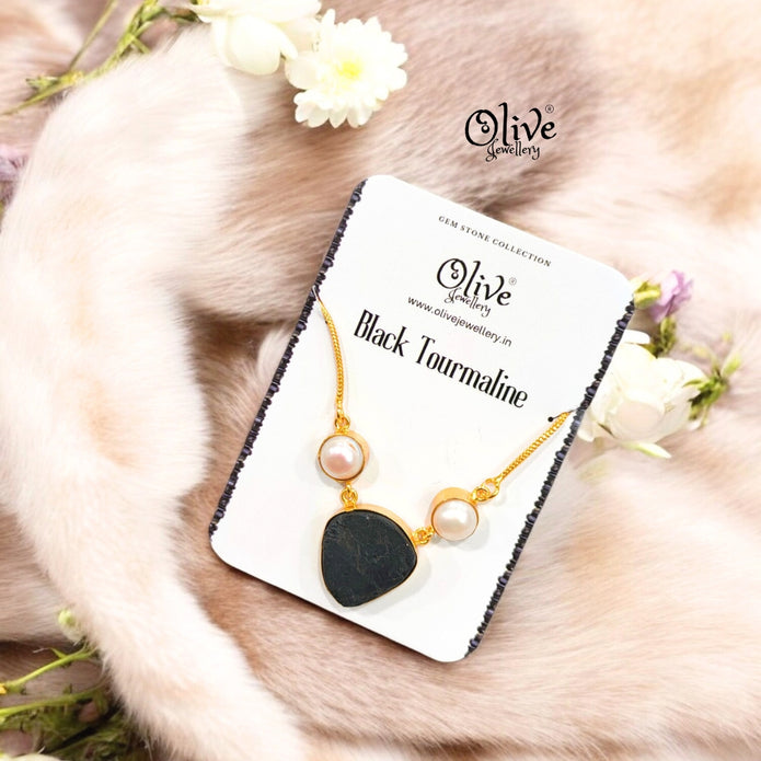 Gem Stone Collection Pendent - Collet Fitting - Rough Shape - 2 Pearls