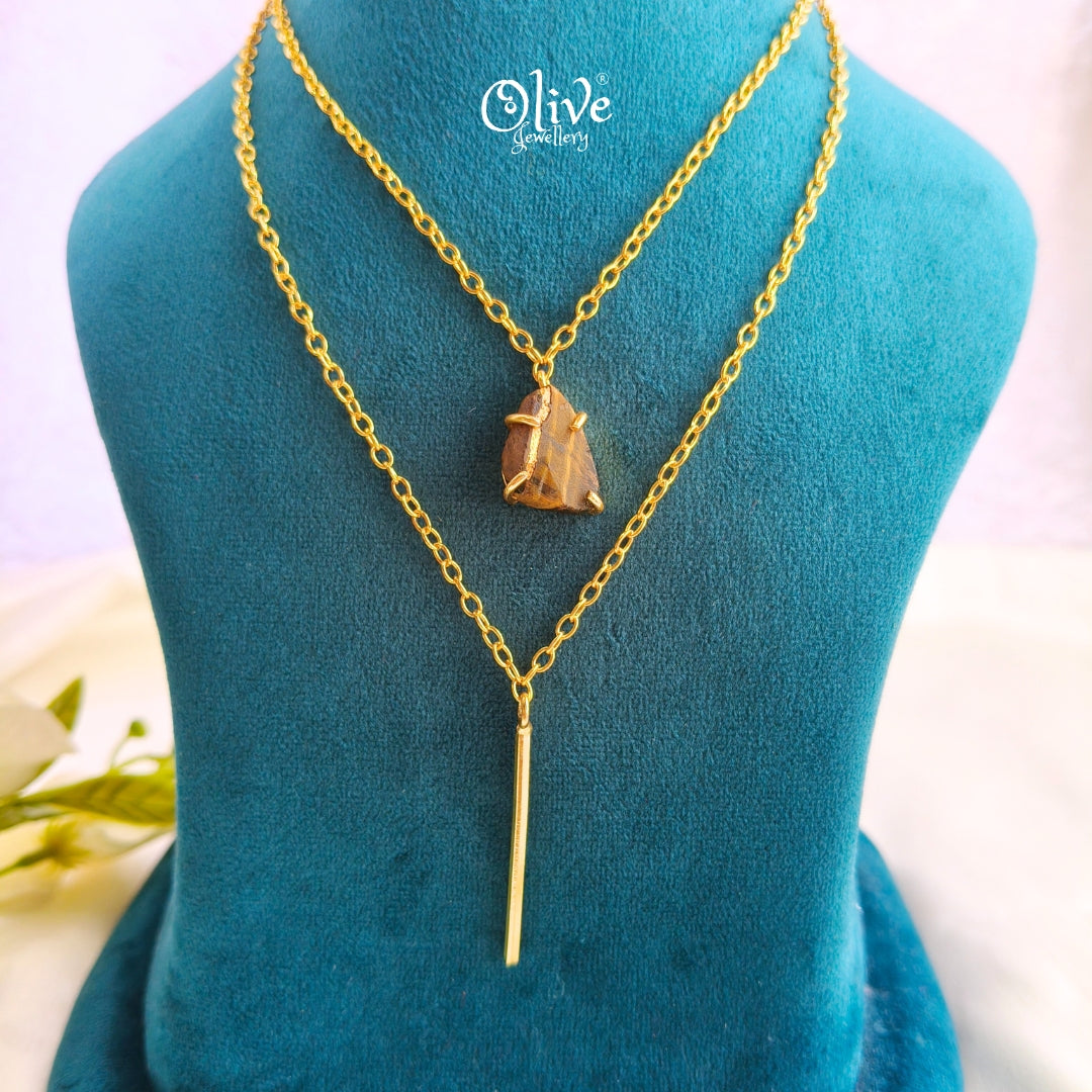 Gem Stone Collection Pendent - Claw Fitting - Round Shape - Two Layers Chain