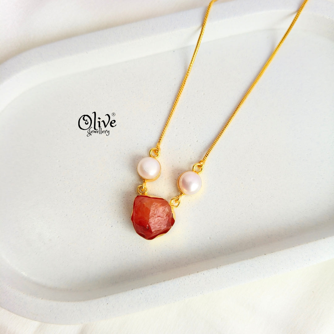 Gem Stone Collection Pendent - Collet Fitting - Rough Shape - 2 Pearls