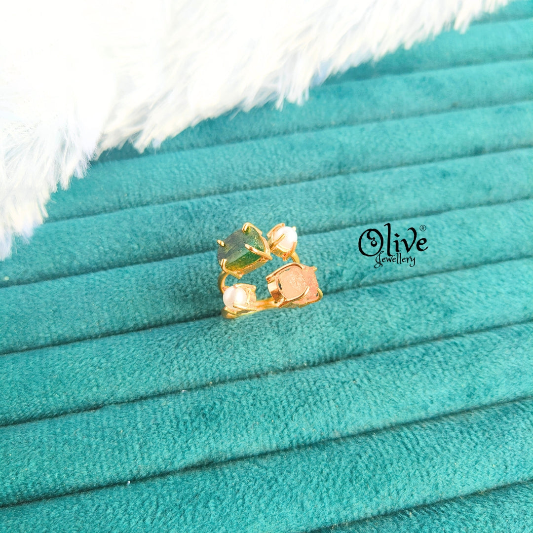 Natural Stone Finger Rings - Claw Fitting - 2 Stones and 2 Pearls