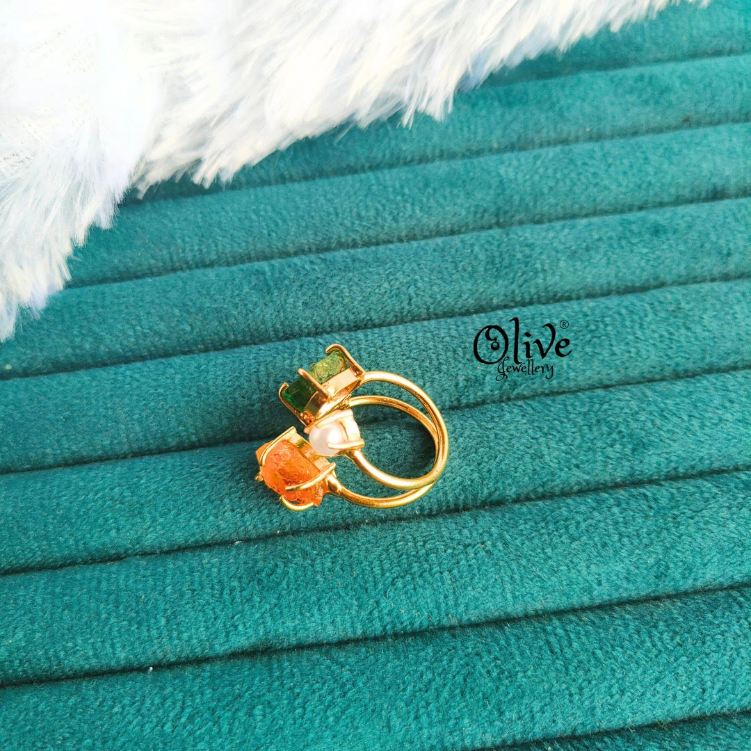 Natural Stone Finger Rings - Claw Fitting - 2 Stones and 2 Pearls