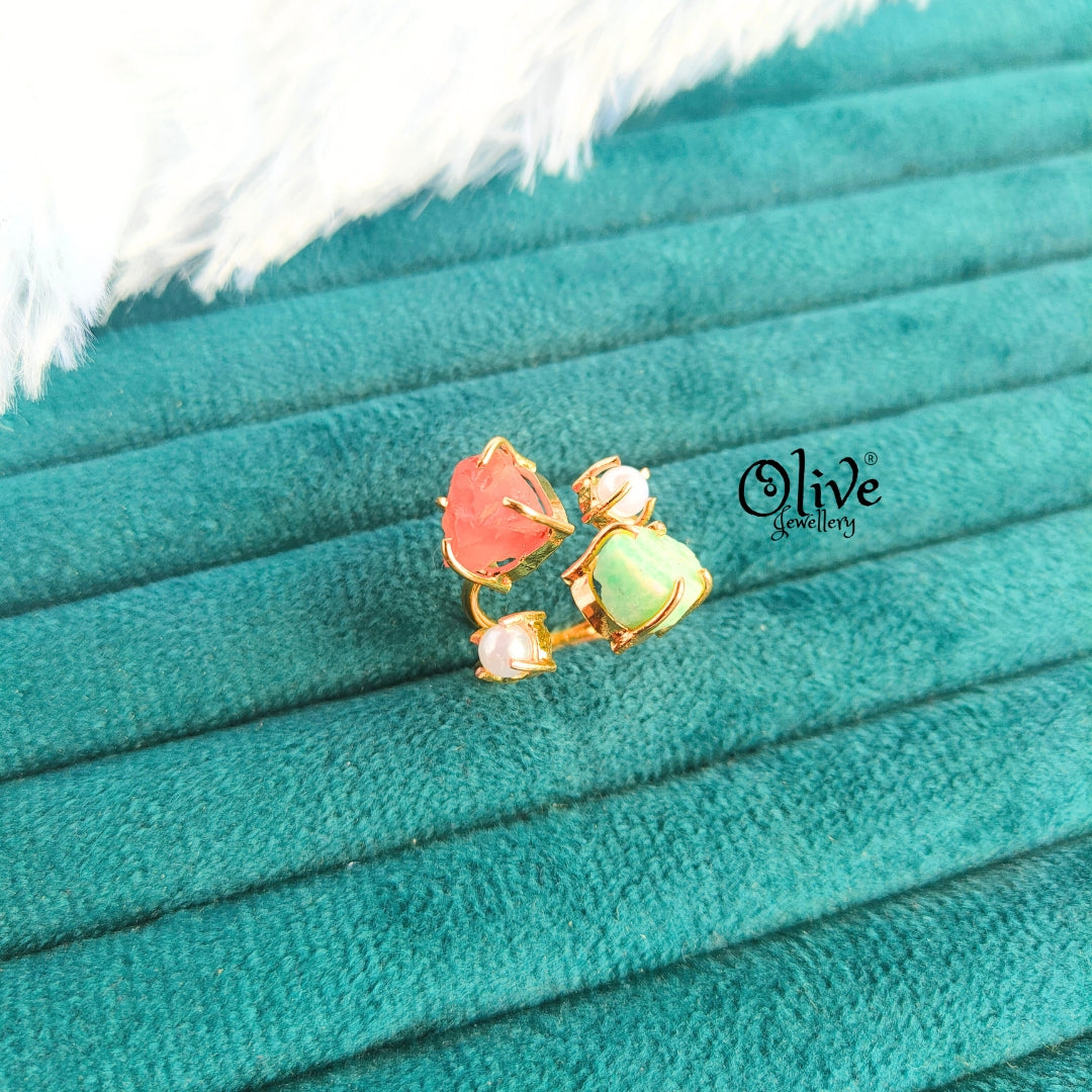 Natural Stone Finger Rings - Claw Fitting - 2 Stones and 2 Pearls