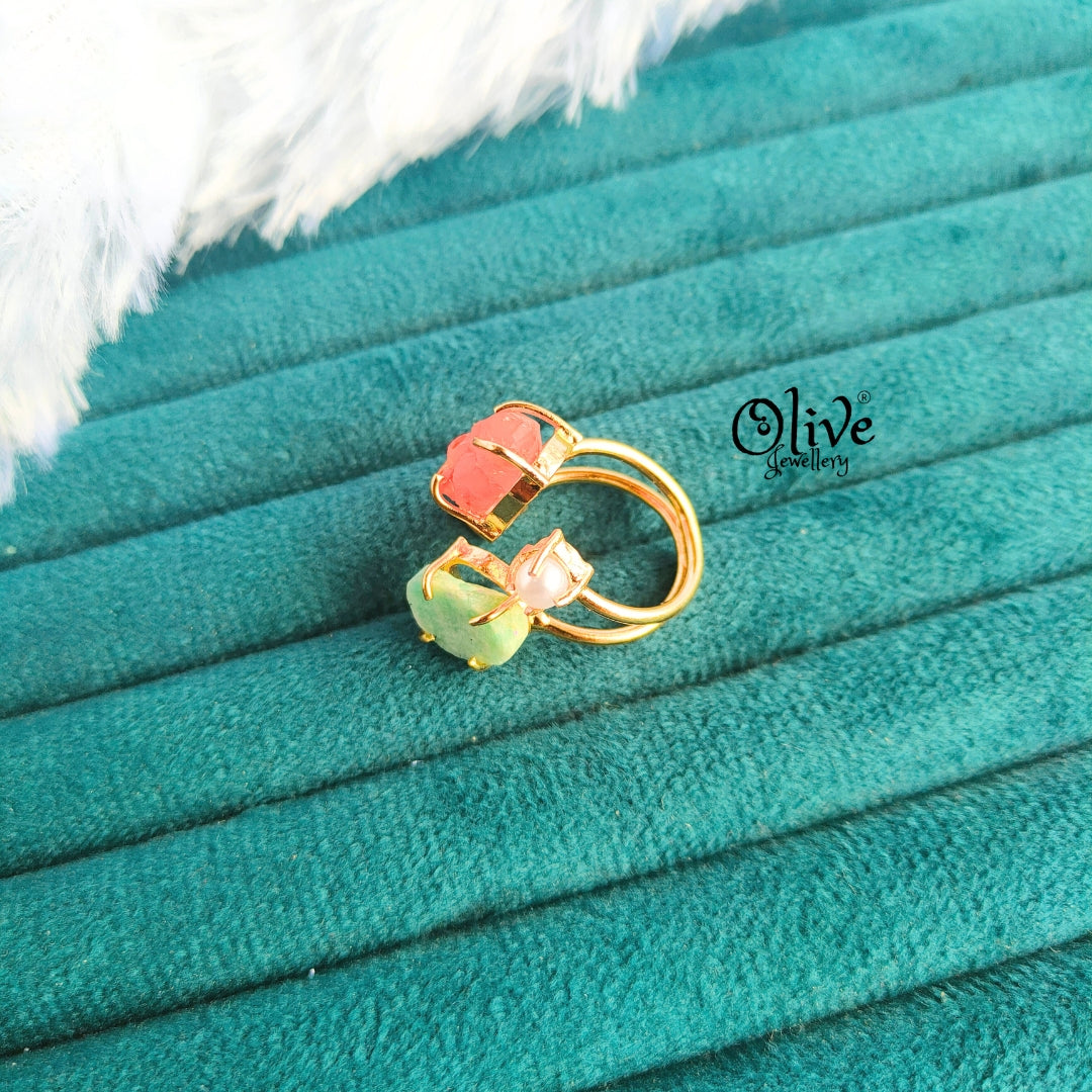 Natural Stone Finger Rings - Claw Fitting - 2 Stones and 2 Pearls