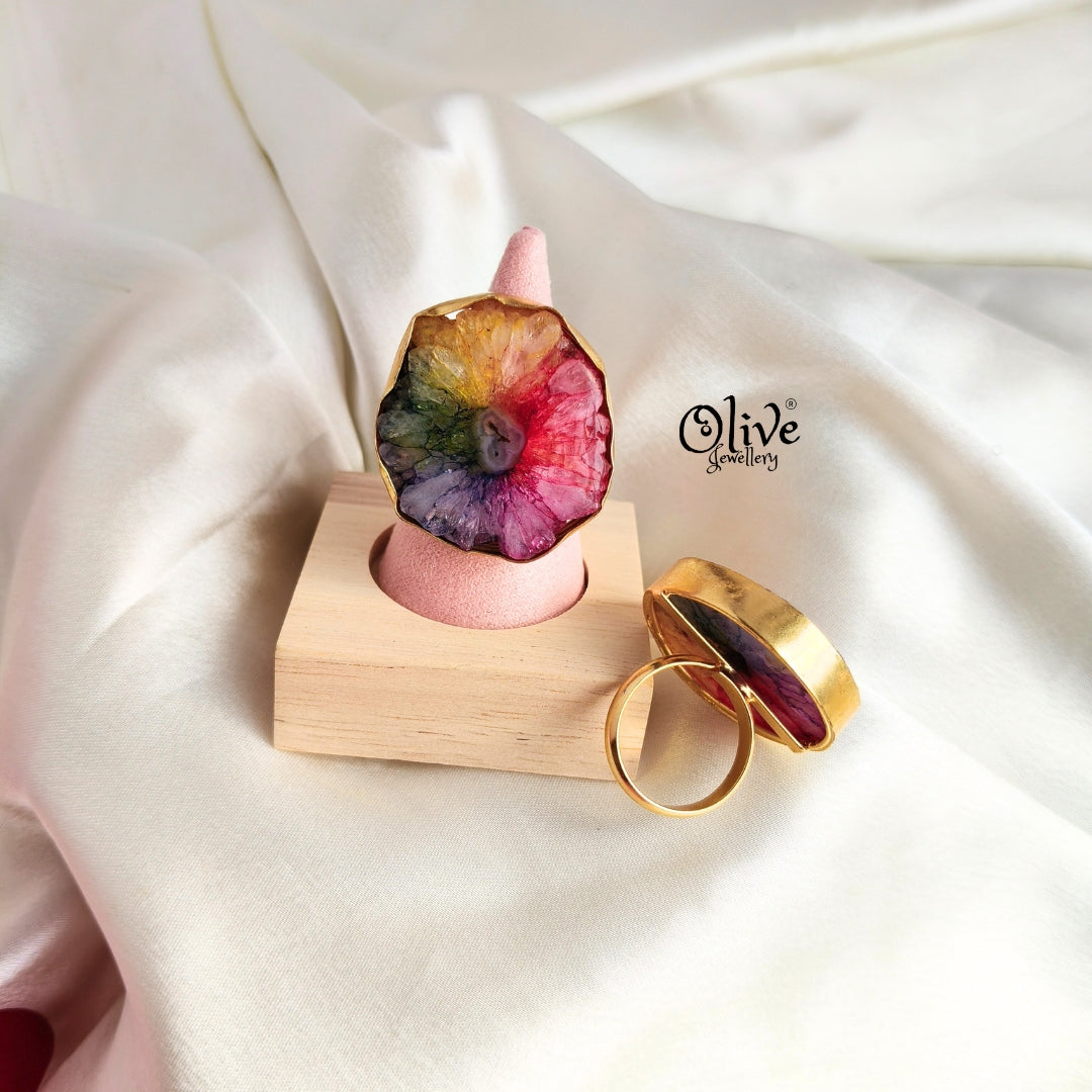 Natural Stone Finger Rings - Collet Fitting - Colored Crystal -092