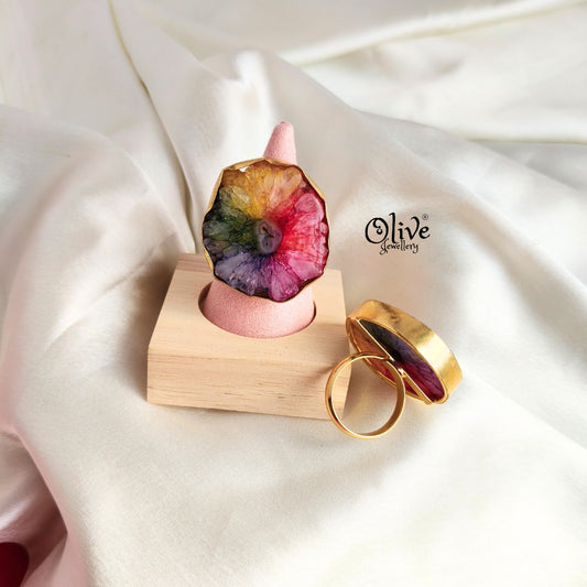 Natural Stone Finger Rings - Collet Fitting - Colored Crystal -092