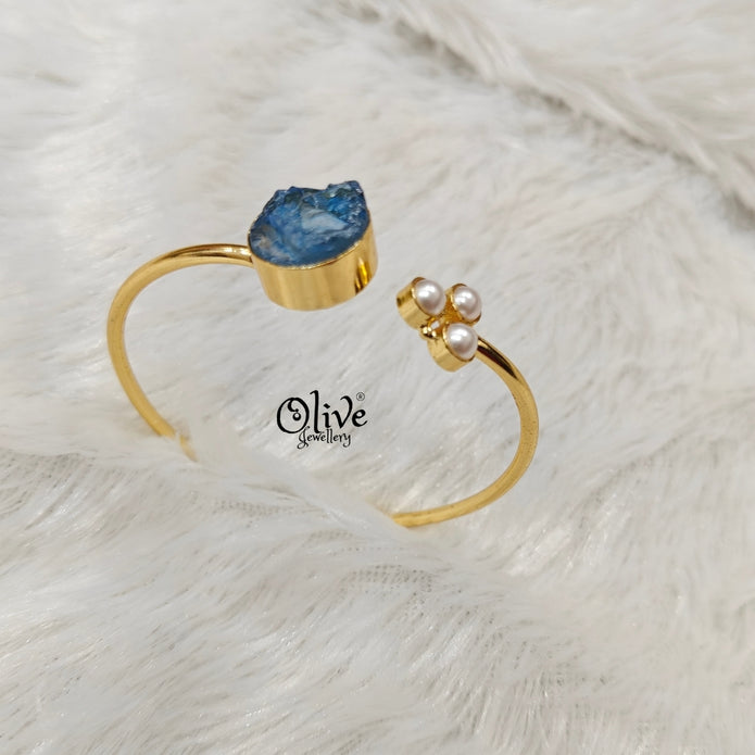 Natural Stones Kadas - Collet Fitting - Rough Shape And 3 Pearls