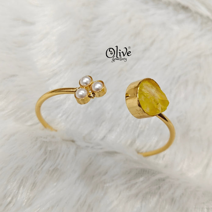 Natural Stones Kadas - Collet Fitting - Rough Shape And 3 Pearls