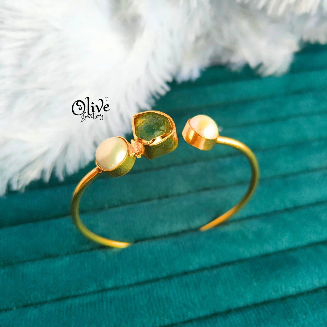 Natural Stone Kada - Collet Fitting - Single Stone - Double Pearls