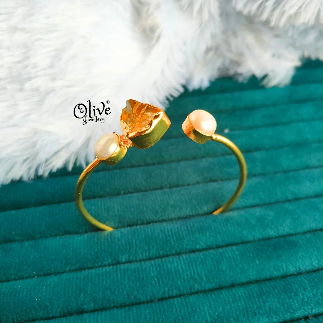 Natural Stone Kada - Collet Fitting - Single Stone - Double Pearls