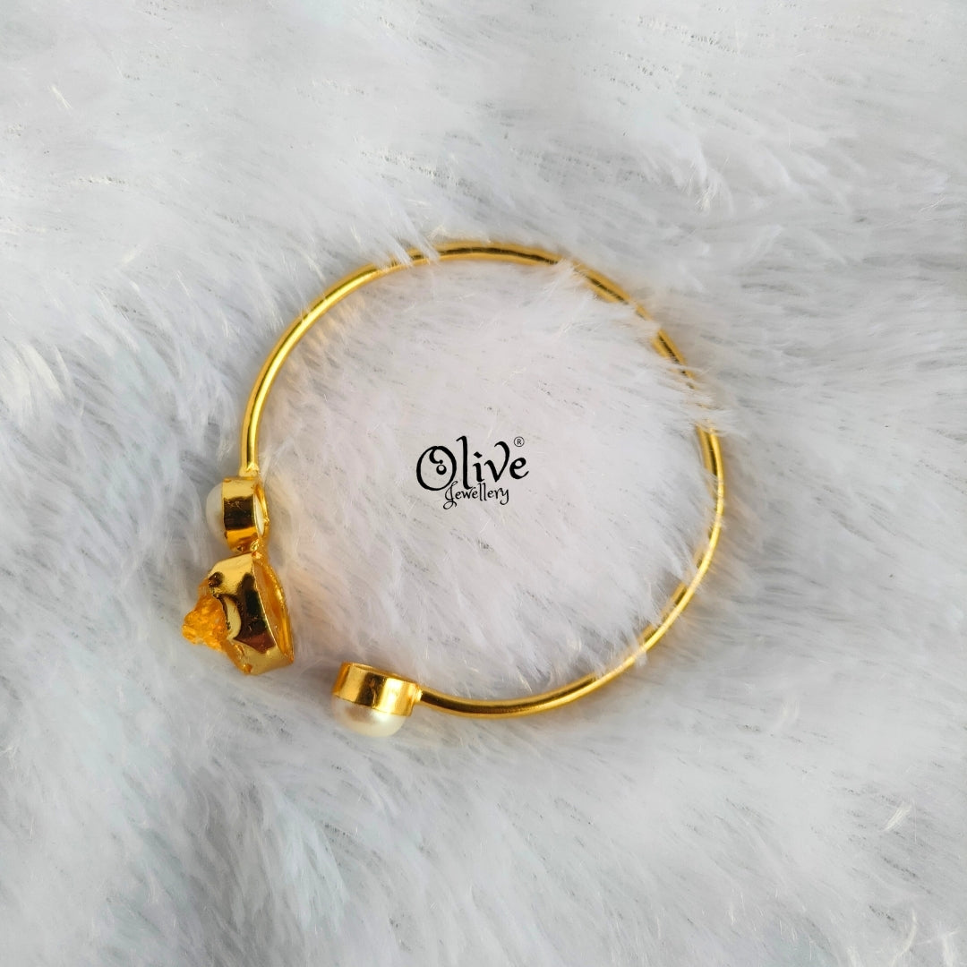 Natural Stone Kada - Collet Fitting - Single Stone - Double Pearls