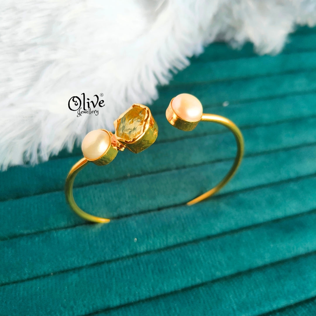 Natural Stone Kada - Collet Fitting - Single Stone - Double Pearls