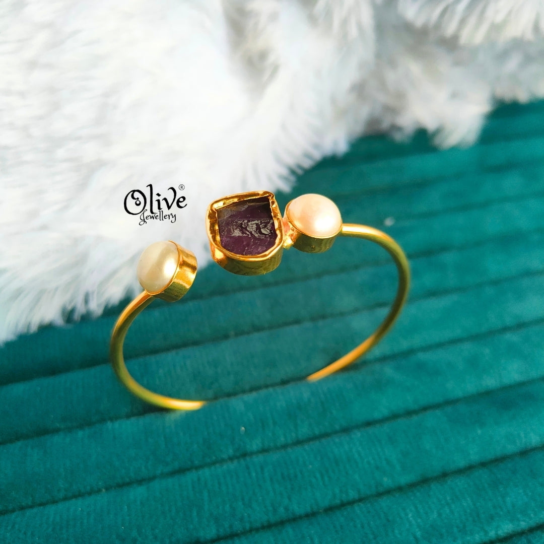 Natural Stone Kada - Collet Fitting - Single Stone - Double Pearls