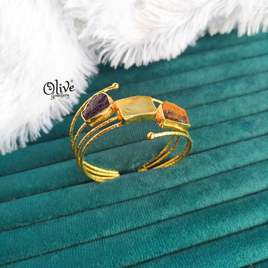 Natural Stone Kada - Collet Fitting - Three Stones