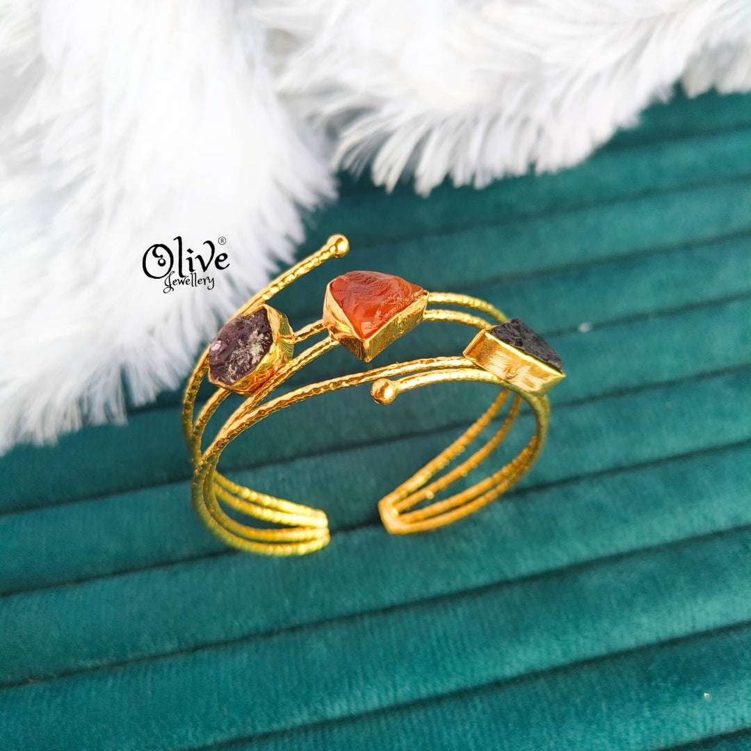 Natural Stone Kada - Collet Fitting - Three Stones