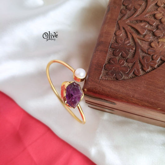 Natural Stone Kada - Collet Fitting- Rough Shape - Single Pearl- 232