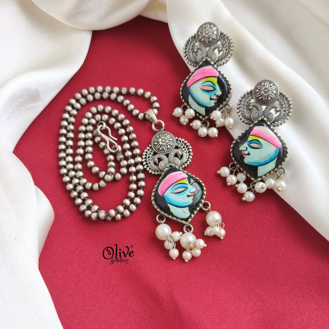 Oxidized Tanjore Pendant Set-201