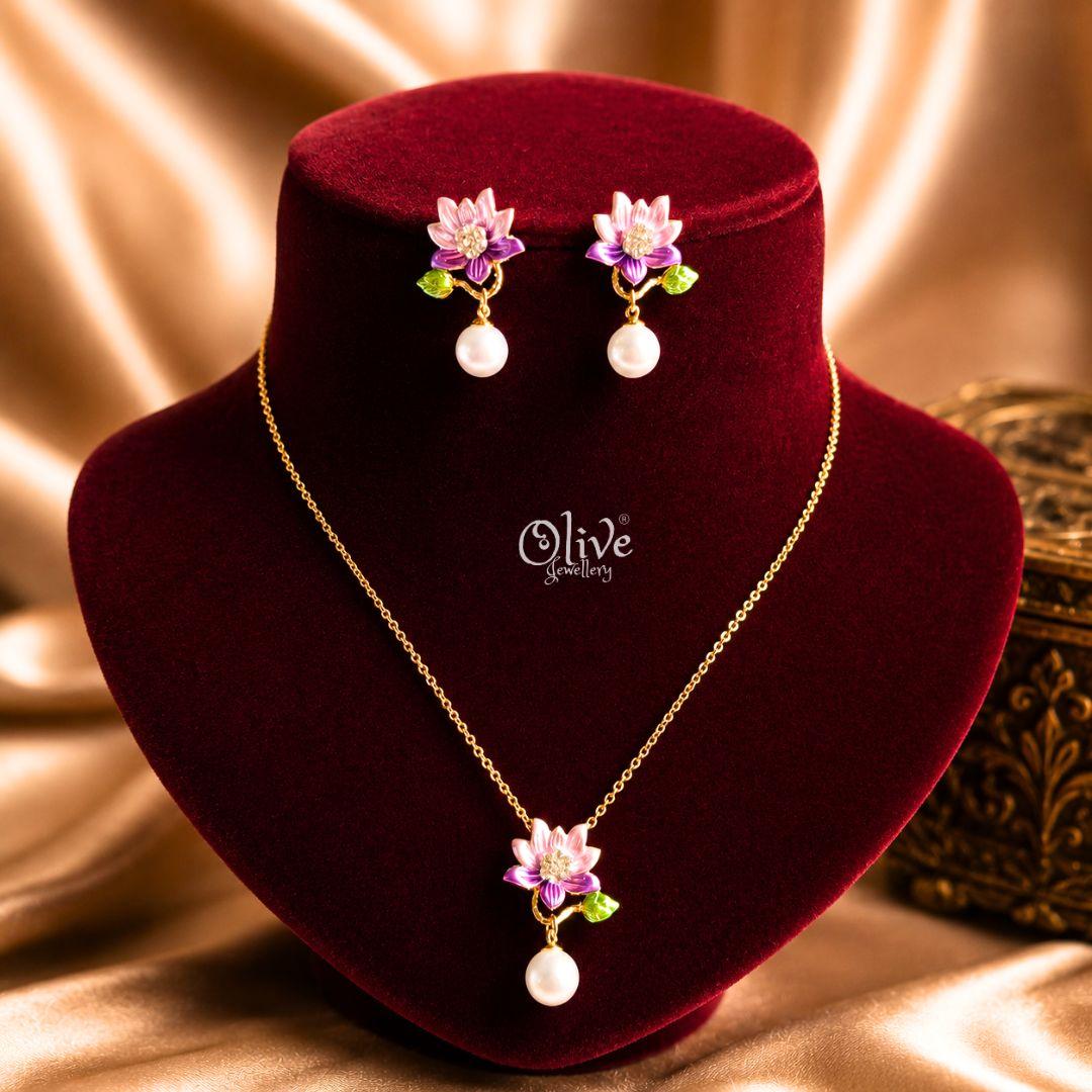 Amethyst Lotus Drop Necklace Set